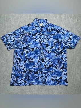 Panama Jack Mens XL Rayon Wagon Tropical Print Button Up Shirt Blue